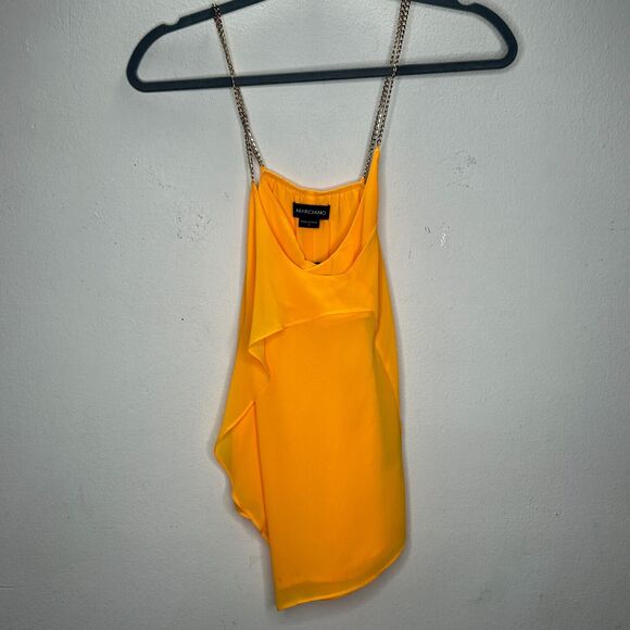 Marciano Yellow Semi-Sheer Tiered Ruffle Round Neck Gold Chain Straps Blouse S - Picture 2 of 9